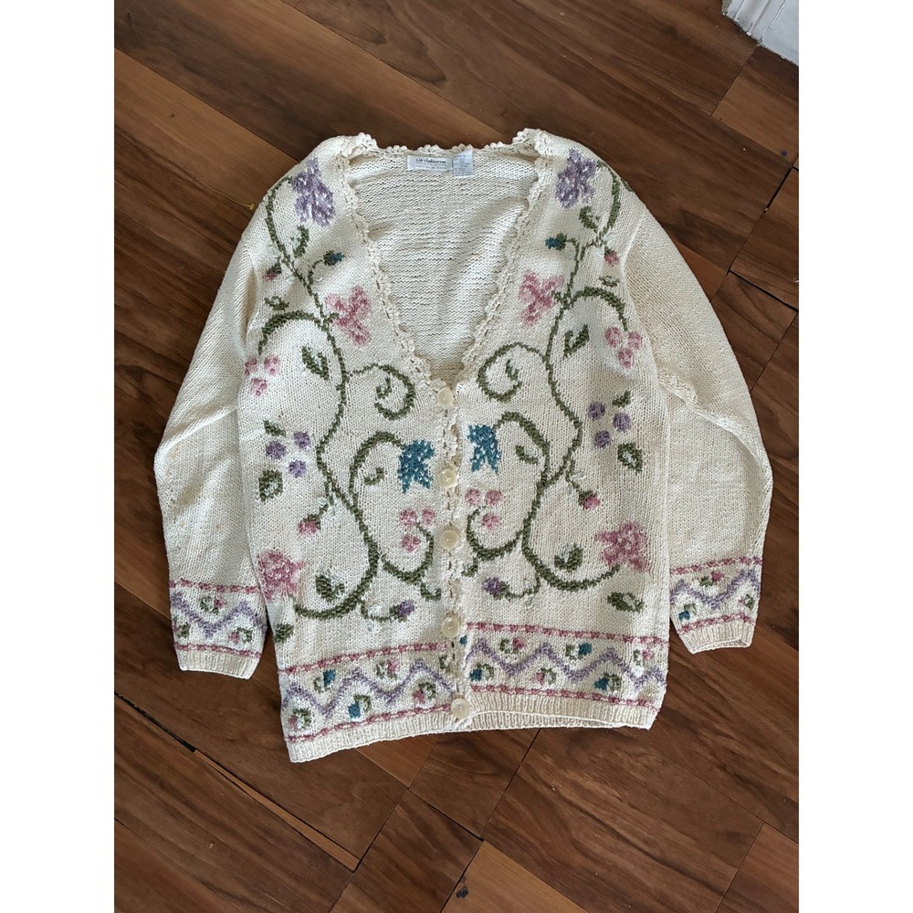Liz Claiborne Vintage‎ Floral Silk Cotton Cardigan Petite S Cottagecore Cream